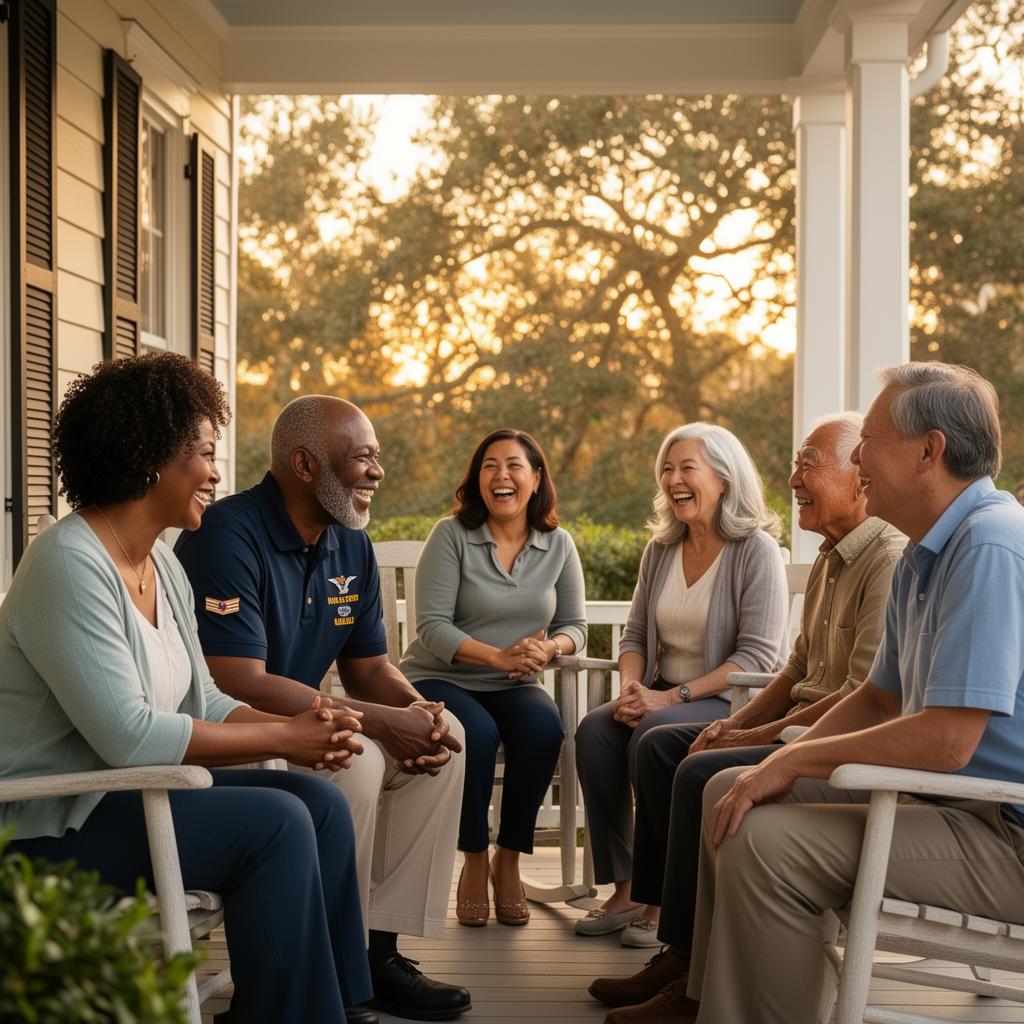 A diverse group of seniors and family members enjoying community on a porch